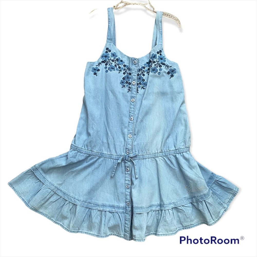 NWT GUESS Kids Girls Denim Chambray Dress with embroidery Size M 10-12